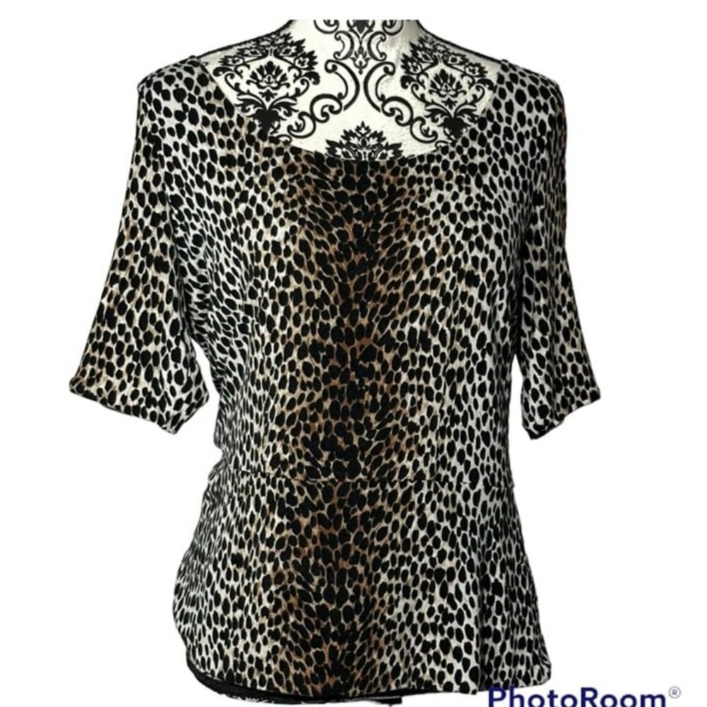 White Hous Black Market Leopard Stretch Fully Lined Peplum Top Large